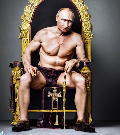 Image similar to A photo of vladimir putin the barbarian sitting on his throne, award winning photography, sigma 85mm Lens F/1.4, perfect faces