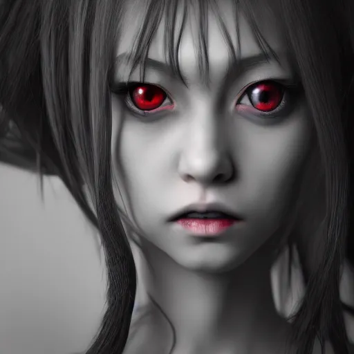 Image similar to photorealistic full shot portrait of angry darkness anime girl, inspired by Tim Burton, detailed, unreal engine 4k volumetric light, fog,