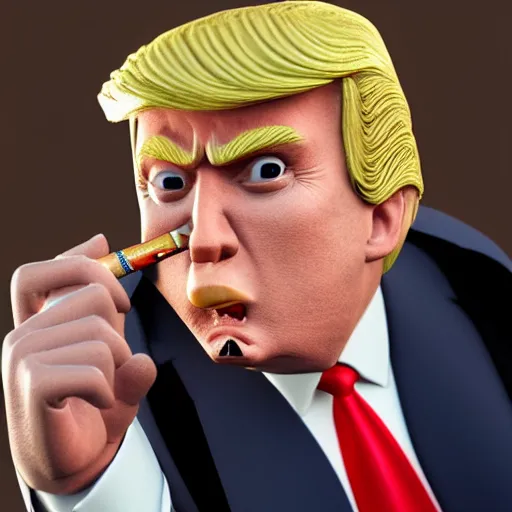 Image similar to a high quality photo of donald trump smoking a cigar, anatomically accurate eyes, 3d scene, render, ultra realistic, artstation, cgsociety