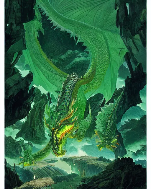 Image similar to a giant green dragon, digital art, illustrated by james gurney and victo ngai