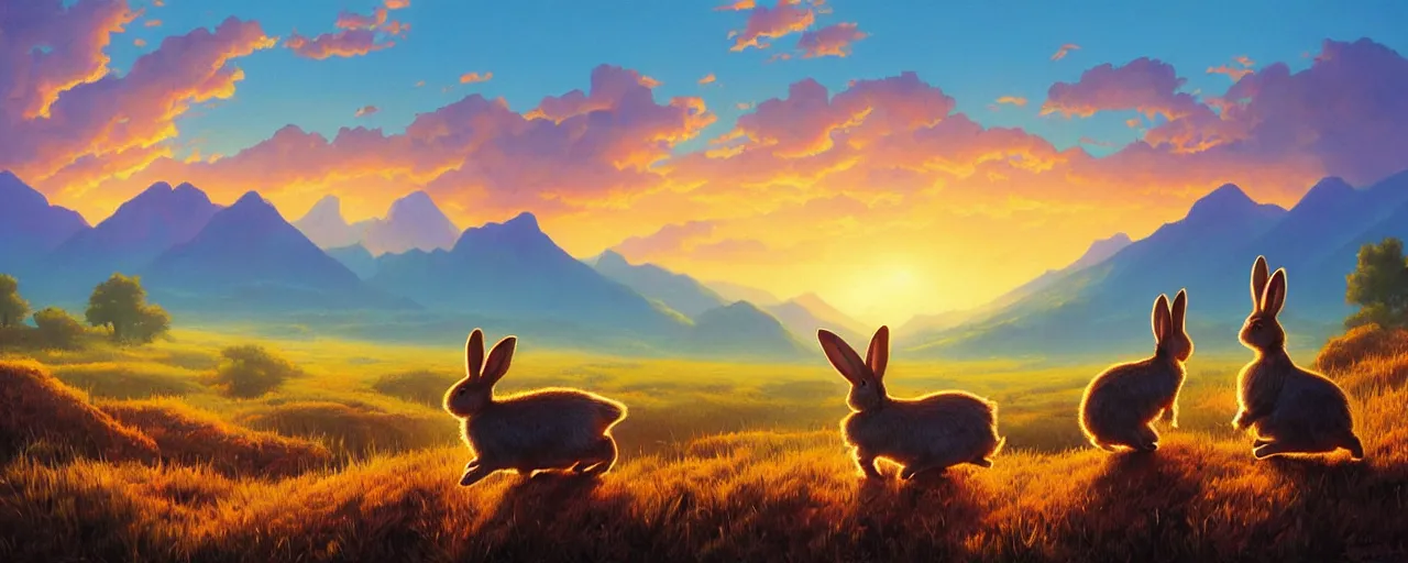 Prompt: bunnies hopping around in a beautiful nature landscape with clouds, mountains, in background, sunset, by rhads