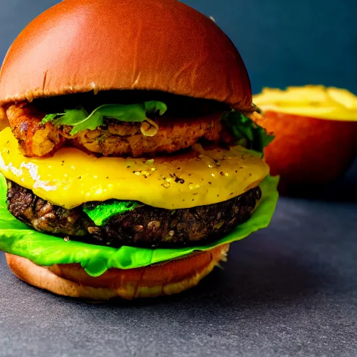 Image similar to juicy vegan hamburger topped with avocado and onion and a vegan fried egg, little chicken head inside the hamburger, crispy buns, 8 k resolution, professional food photography, studio lighting, sharp focus, hyper - detailed