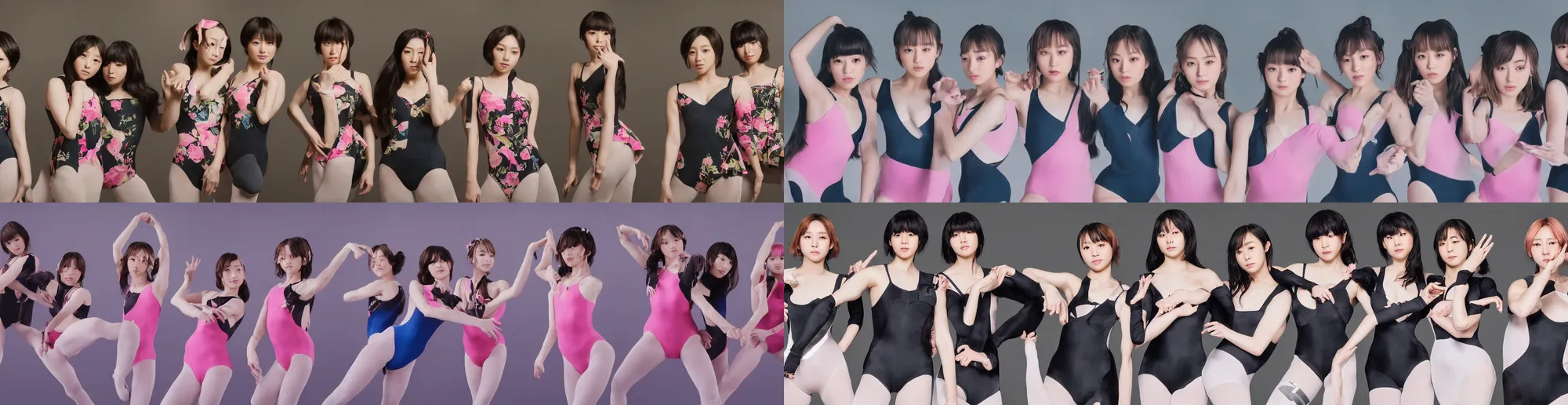 Image similar to unbelievably beautiful, perfect, dynamic, epic, cinematic 8 k hd movie shot, three beautiful cute young j - pop idols actresses in japanese girl band, posing together in leotards. motion, vfx, inspirational arthouse, high budget, hollywood style, at behance, at netflix, with instagram filters, photoshop, adobe lightroom, adobe after effects, taken with polaroid kodak portra