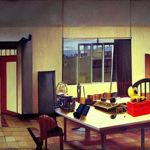 Image similar to realistic painting of chuck e. cheese building interior, in the style of johannes vermeer