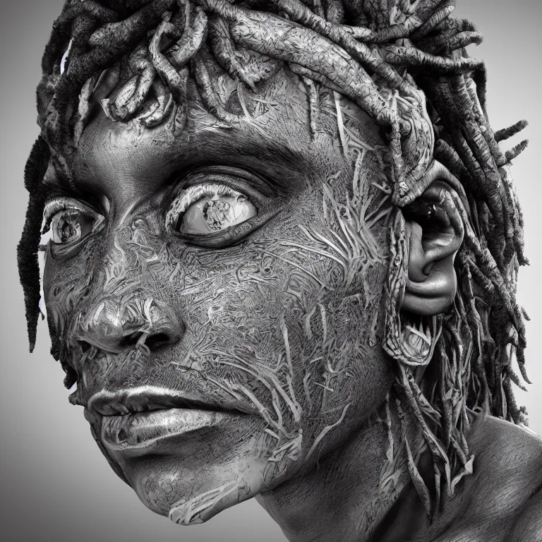 Image similar to surreal spinal ribbed tribal exotic organic face portrait of a beautiful aboriginal man, beautiful detailed intricate insanely detailed BW 3D render digital art, octane render, 8K artistic photography, photorealistic