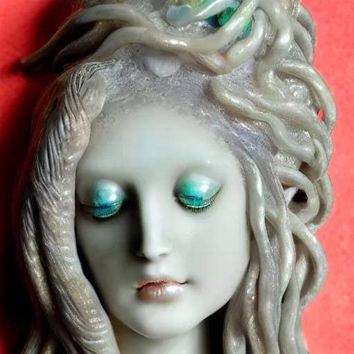 Prompt: female medusa long hair, opal statue, beautiful delicate face, macro shot head, light realistic water sapphire eyes