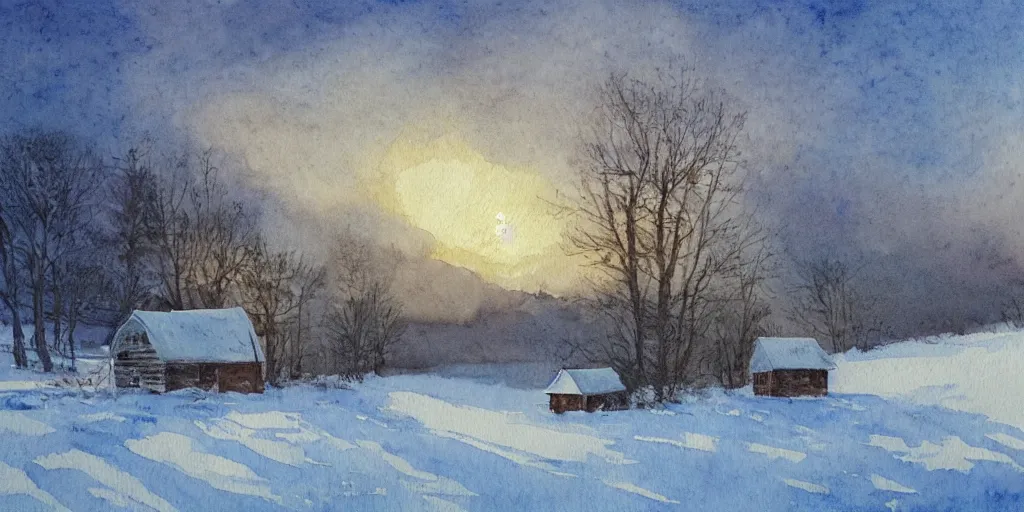 Image similar to a watercolor painting of a cabin in a snowy landscape, at dusk, painted by lars lerin, impressionism, snow storm