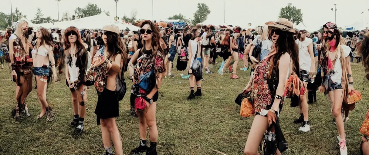 Prompt: music festival full of chicken with trendy clothes. no humans, no people, no men.