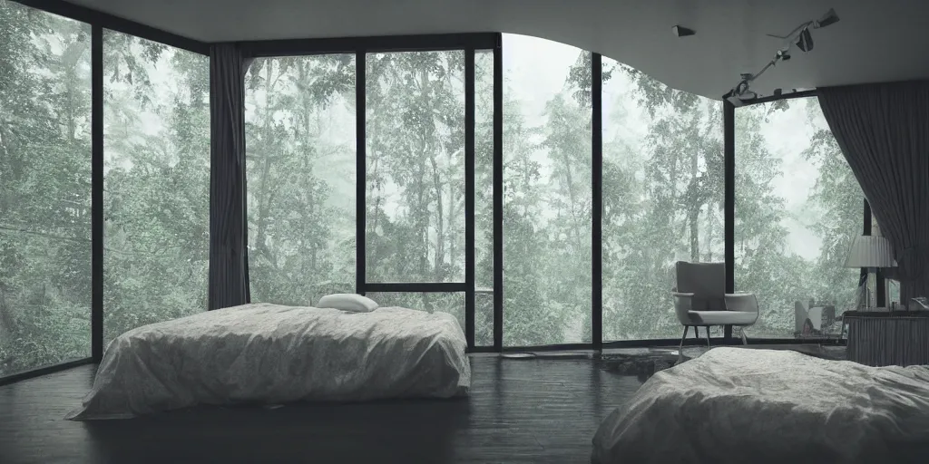 Image similar to a view inside modern bedroom in the middle of a raining forest with river, unreal 5, hyperrealistic, realistic, photorealistic, dynamic lighting, highly detailed, cinematic landscape, studio landscape, studio lighting