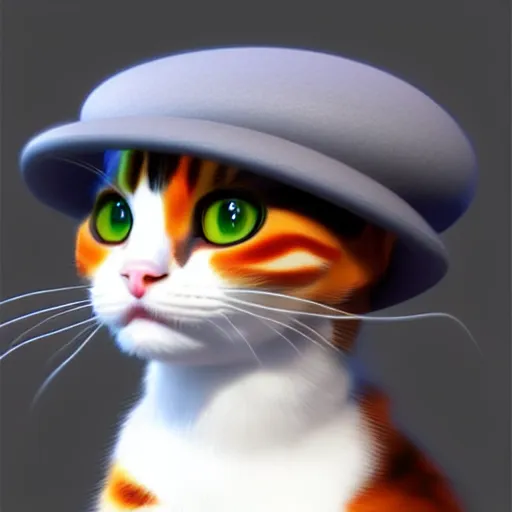 Prompt: a cute calico cat in a hat, artstation, cgsociety