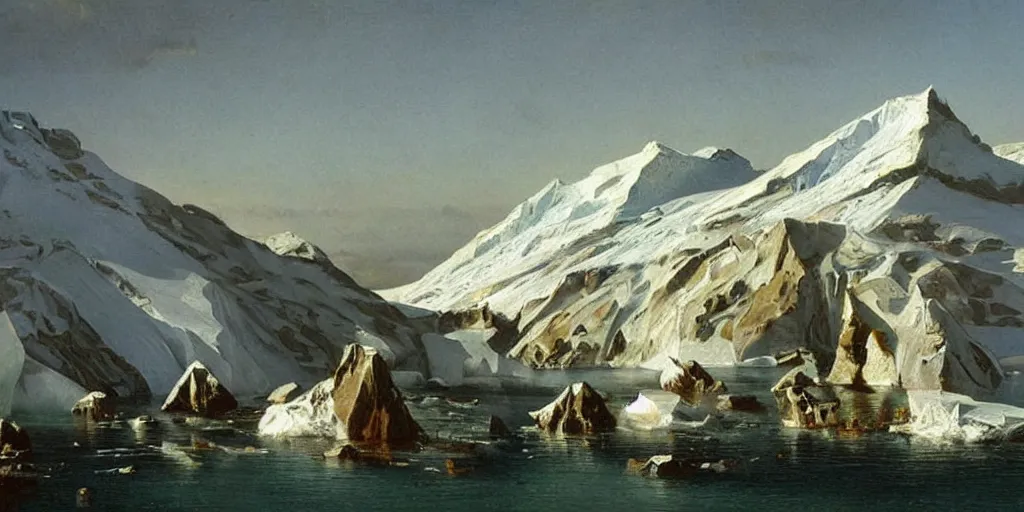 Image similar to Antarctica with pyramids, oil painting, highly detailed, artwork, in style of Albert bierstadt