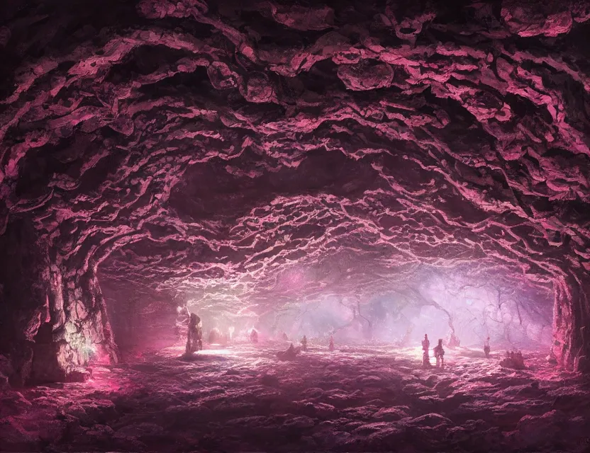 Image similar to scifi nightclun in a cherry blossom limestone cavern. oil painting by indie concept artist. backlighting, chiaroscuro, intricate details, field of depth.