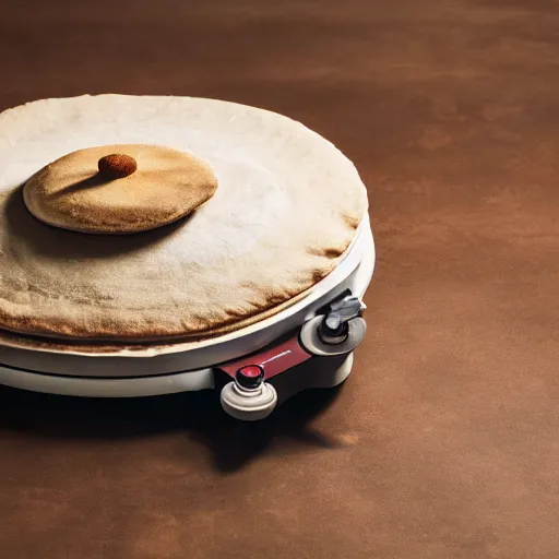 Prompt: a turntable playing a pita bread, product photography