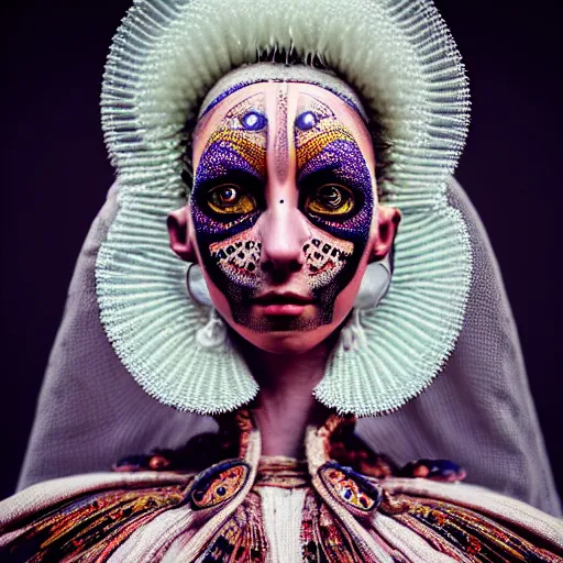 Image similar to Colour aesthetic Caravaggio style full body Photography of Highly detailed beautiful alienWoman with 1000 year old detailed face and wearing detailed Ukrainian folk costume also wearing highly detailed retrofuturistic sci-fi Neural interface designed by Hiromasa Ogura . Many details In style of Josan Gonzalez and Mike Winkelmann and andgreg rutkowski and alphonse muchaand and Caspar David Friedrich and Stephen Hickman and James Gurney and Hiromasa Ogura. Rendered in Blender and Octane Render volumetric natural light