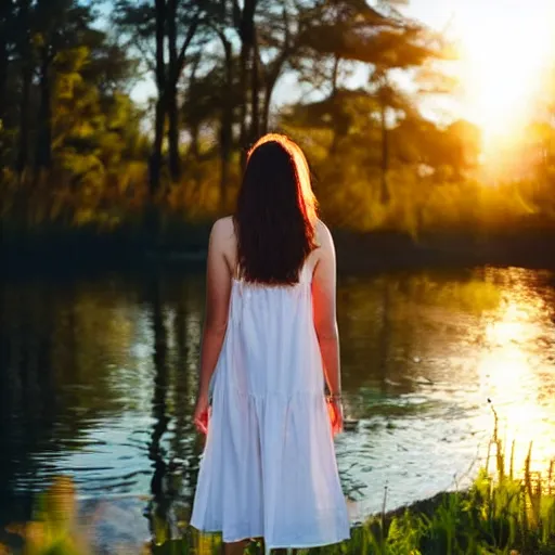 Image similar to a beautiful young woman in a sundress standing by a lake at sunset | soft atmospheric lighting