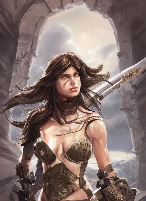 Image similar to a professionally painted portrait of an attractive young girl, partially clothed in battle armor, olive skin, long dark hair, beautiful bone structure, symmetrical facial features, intricate, elegant, digital painting, concept art, illustration, smooth, sharp focus, finely detailed, beautifully framed, from Metal Gear, in the style of Artgerm and Greg Rutkowski and William-Adolphe Bouguerea