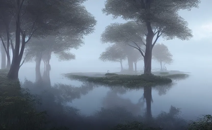Prompt: a strange lake directed by charlie kaufman ( 2 0 0 1 ) anamorphic lenses, foggy volumetric light morning, cinematic trending on artstation in the style of greg rutkowski