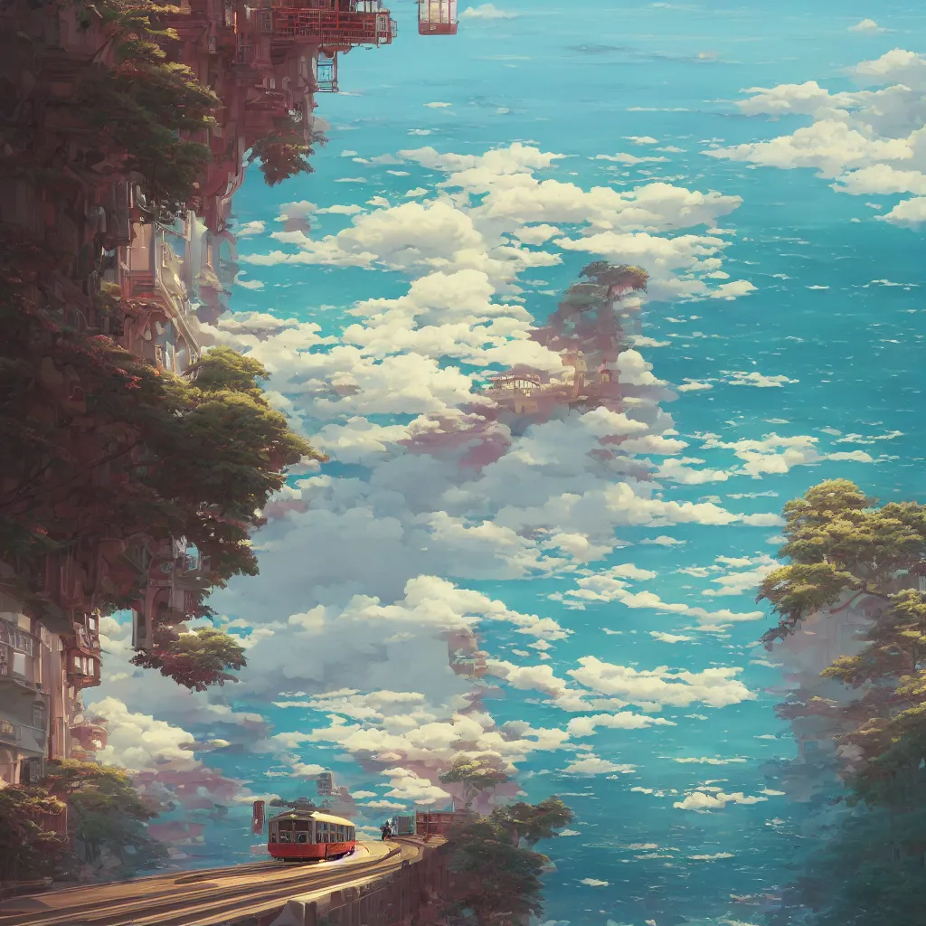 Image similar to a streetcar is running on the dreamy sea, kamakura scenery, unreal engine, fantasy art by greg, loish, rhads, ferdinand knab, makoto shinkai and lois van baarle, ilya kuvshinov, rossdraws, tom bagshaw, night lighting, trending onstudio ghibli, highly detailed, octane render, 8 k