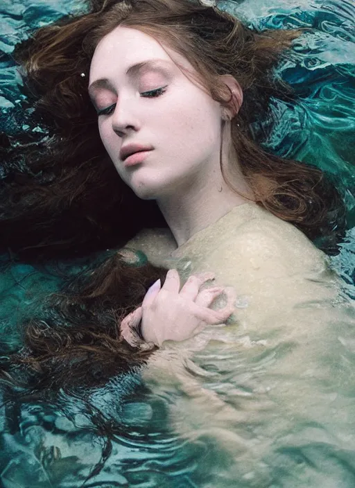 Image similar to Kodak Portra 400, 8K, soft light, volumetric lighting, highly detailed, britt marling style 3/4 , portrait photography portrait photography of a beautiful woman how pre-Raphaelites by Giovanni Gastel, photo portrait of a beautiful woman with her eyes closed,inspired by Ophelia Millais Paint , the face emerges from water of Pamukkale, underwater face, anatomical real full body dressed ethereal lace dress floating in water surface , the hair are intricate with highly detailed realistic beautiful brunches and flowers like crown, Realistic, Refined, Highly Detailed, outdoor soft pastel lighting colors scheme, outdoor fine art photography, Hyper realistic, photo realistic