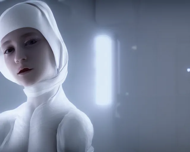 Image similar to a film still of a synthetic female human wrapped in white cloth, in neotokyo, cinematic lighting, high resolution, 4 k