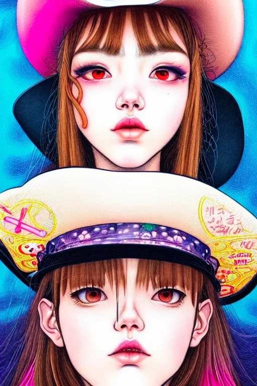 Image similar to girl wearing cowboy hat, style of yoshii chie and hikari shimoda and martine johanna, highly detailed