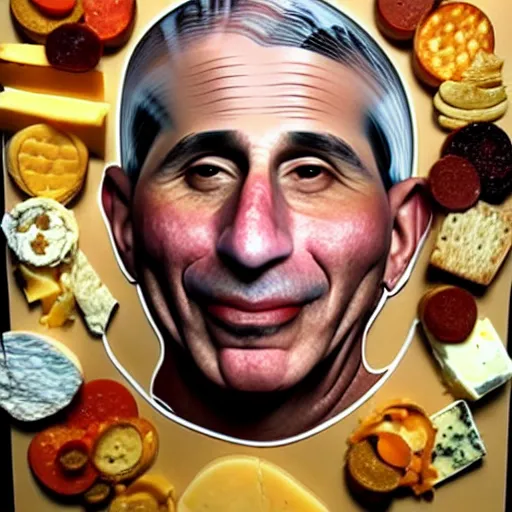 Prompt: uhd photorealistic anthony fauci made of various cheeses.