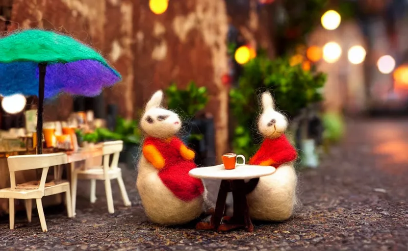 Image similar to miniature cafe diorama, macro photography, cafe with felted bunnies on a date, alleyway, ambient, atmospheric, british, cozy, bokeh, romantic, colorful lanterns