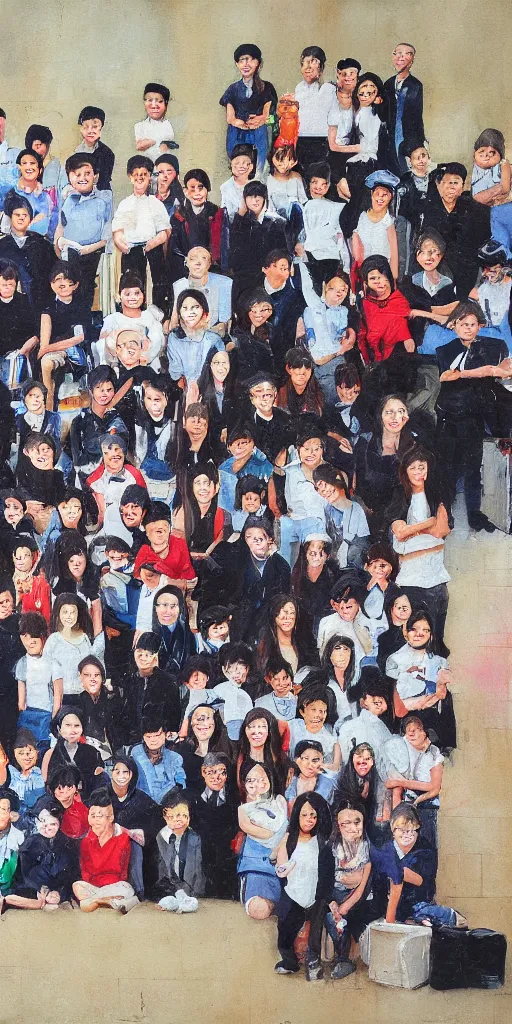 Image similar to oil painting scene photographer takes group school photo by kim jung gi