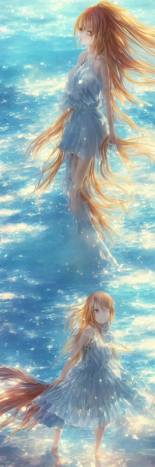 Prompt: advanced digital anime art, a very cute gorgeous teenage girl wearing a dress made of water standing in a reflective lake, full body, very long golden hair, sky blue highlights in hair, red fiery watery eyes, full round face, dramatic cinematic lighting, medium shot, Gaussian blur, highly intricately detailed, trending on pixiv, Artstation, painted by Rossdraws and the style of Sakimimichan