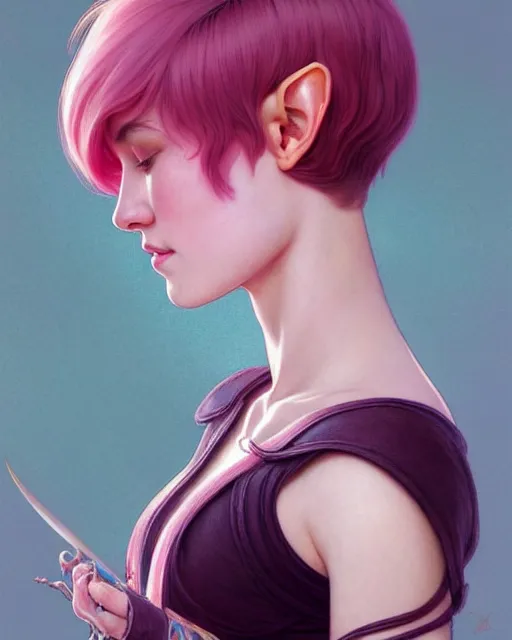 Image similar to portrait of pink short haired half elf with bangs, intricate, elegant, highly detailed, my rendition, digital painting, artstation, concept art, smooth, sharp focus, illustration, art by artgerm and greg rutkowski and alphonse mucha and uang guangjian and gil elvgren and sachin teng and wlop, symmetry!!