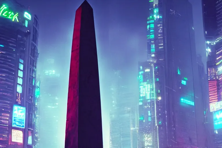 Image similar to buenos aires obelisk, cyberpunk neon, 4 k wallpaper sci - fi 8 0's movie still full hd, detailed masterpiece, fog