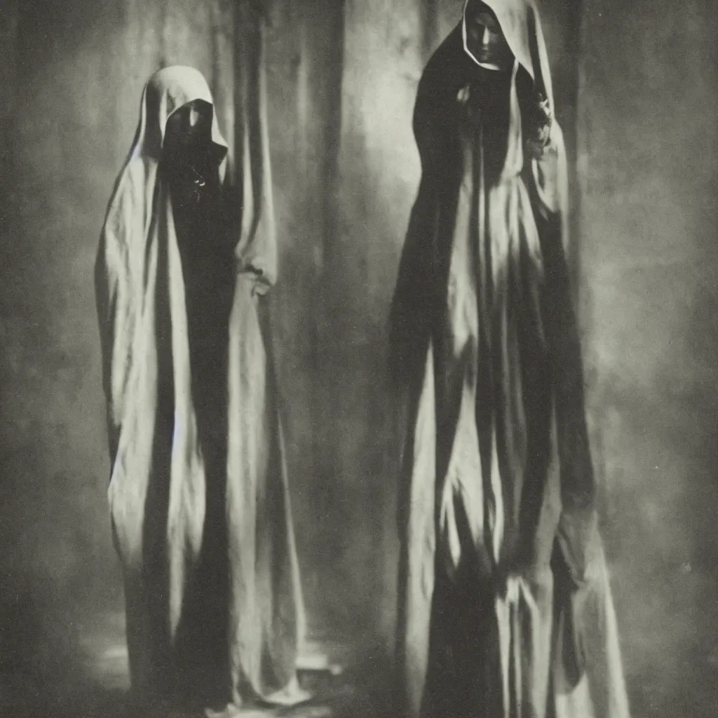 Prompt: old victorian era photograph of a very very tall mysterious nun, amazing depth, cinematic lighting.