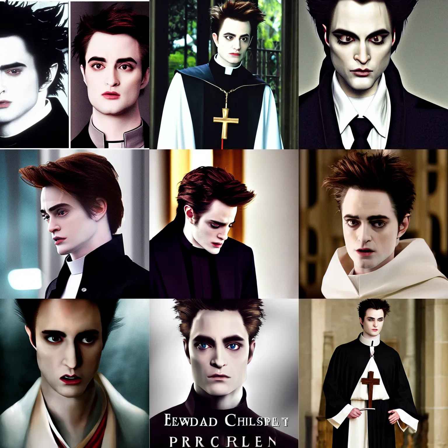 Prompt: edward cullen as a priest, edward cullen face