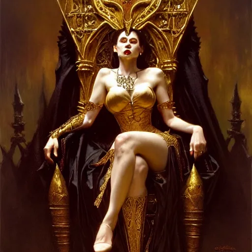 Prompt: full body portrait of beautiful vampire queen in gold gothic robes sitting on a throne of bones, elegant, highly detailed painting by gaston bussiere, craig mullins, j. c. leyendecker, 8 k, mid shot