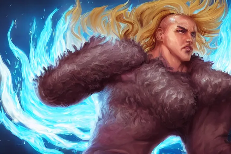 Image similar to Digital art of Lucius with fluffy curly blond hair, throwing a wild fire blast from his hands, reforming his body parts out of silvery obsidian nanites. Genetically engineered super soldier in a scorched land with a black roiling sky. Epic artstation league of legends splash art