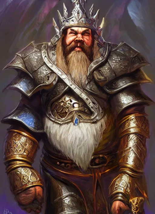 Image similar to dwarven king wearing crown, ultra detailed fantasy, dndbeyond, bright, colourful, realistic, dnd character portrait, full body, pathfinder, pinterest, art by ralph horsley, dnd, rpg, lotr game design fanart by concept art, behance hd, artstation, deviantart, hdr render in unreal engine 5