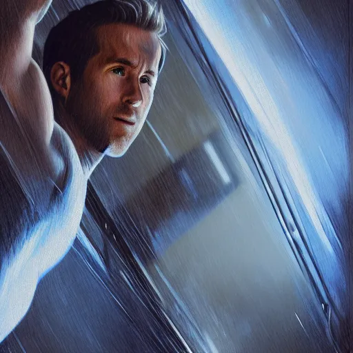 Image similar to ryan reynolds as a black and blue suit spider - man, cinematic, volumetric lighting, f 8 aperture, cinematic eastman 5 3 8 4 film, photorealistic by greg rutkowski, by stanley artgerm, by alphonse mucha