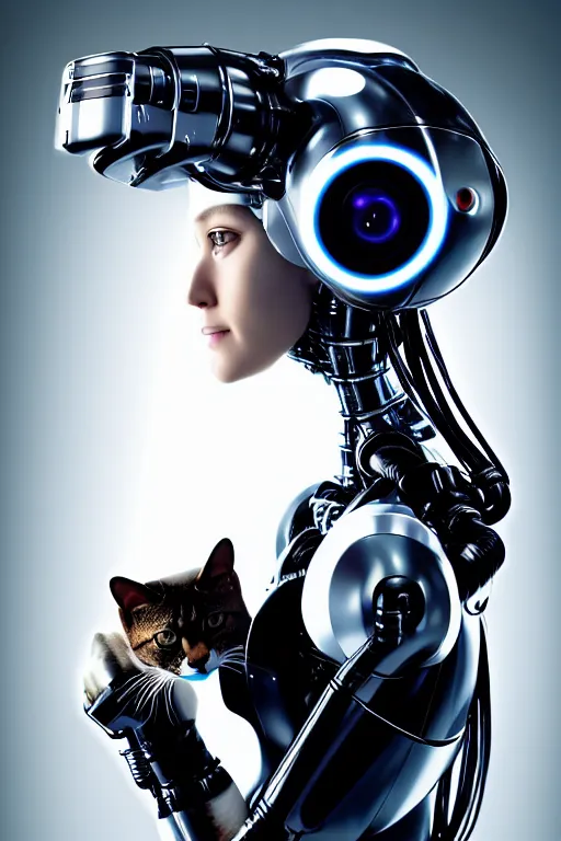 Image similar to cybernetic high tech girl with cat on her head, sci - fi, cyberpunk, futurism, exoskeleton, robot, strong artificial intelligence, symmetry, cinematic, elegant, luxury, professional studio light, perfect composition, dlsr photography, sharp focus, 8 k, ultra hd, sense of awe, highly detailed, hyper realistic, intricate, science journal cover