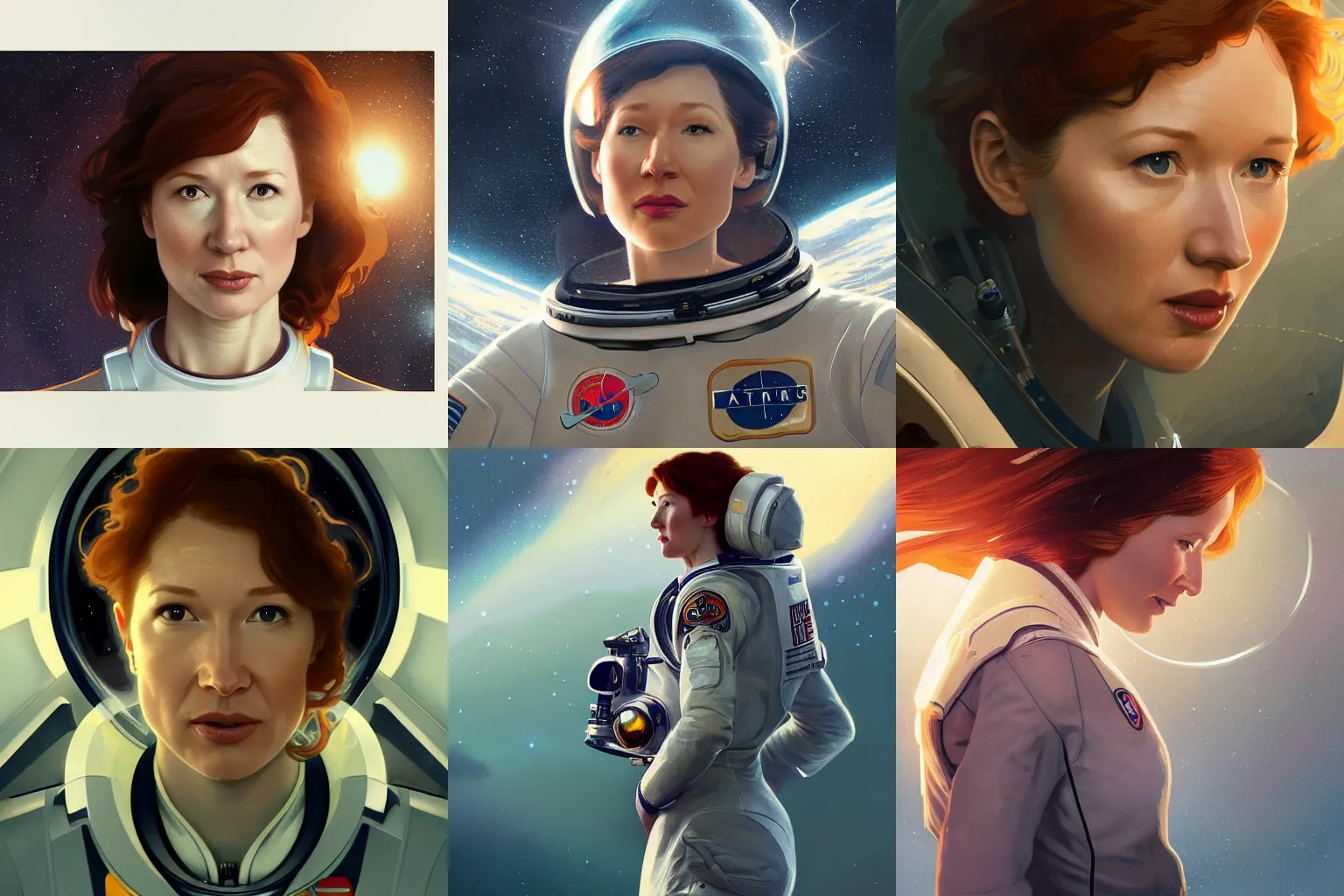 Prompt: a close-up of Ellie Kemper as an astronaut, dramatic backlighting, highly detailed, sharp focus, digital painting, concept art, illustration, trending on artstation, art by greg rutkowski and alphonse mucha