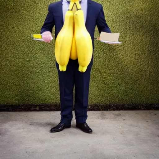 Image similar to a person with a banana head wearing a business suit