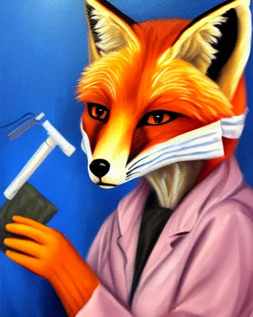 Image similar to oil painting portrait of anthropomorphic female fox animal dressed in labcoat, surgical mask covering mouth, with syringe, fox animal, hospital in background, oil painting,