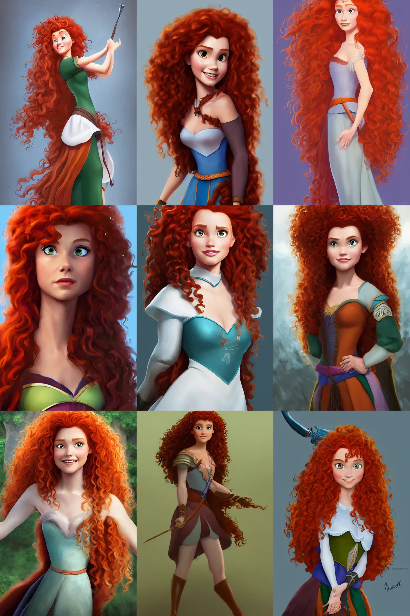 Prompt: full length portrait of disney princess merida from brave, by tom cross, highly detailed, portrait, scifi, digital painting, artstation, concept art, smooth, sharp focc