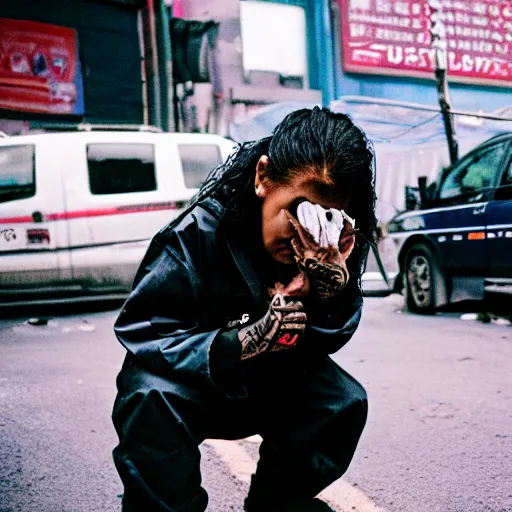 Prompt: Cinestill 50d candid extreme wide shot of a poor techwear mixed woman wearing makeup crying outside of a futuristic city on fire, cyberpunk, tattoos, homeless tents on the side of the road, military police, 4k, extreme long shot, desaturated, full shot, action shot, blurry, 4k, 8k, hd, full color