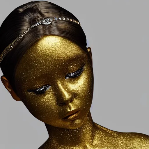 Image similar to Ultra realistic beautiful ball jointed doll head, long shiny hair, intricate detailed, gilded gold and diamonds, sharp focus, octane render, high quality, 8k, volumetric lighting, on black background