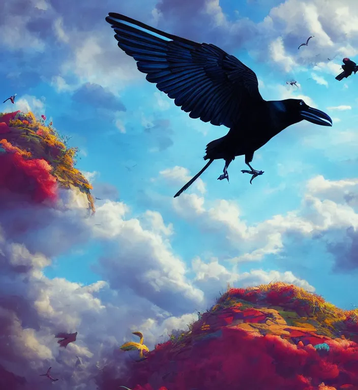 Image similar to raven bird, puma puffy clouds, james jean style, vfx art, unreal engine render, claymation style, colourful, volumetric light, digital painting, digital illustration, dramatic light,