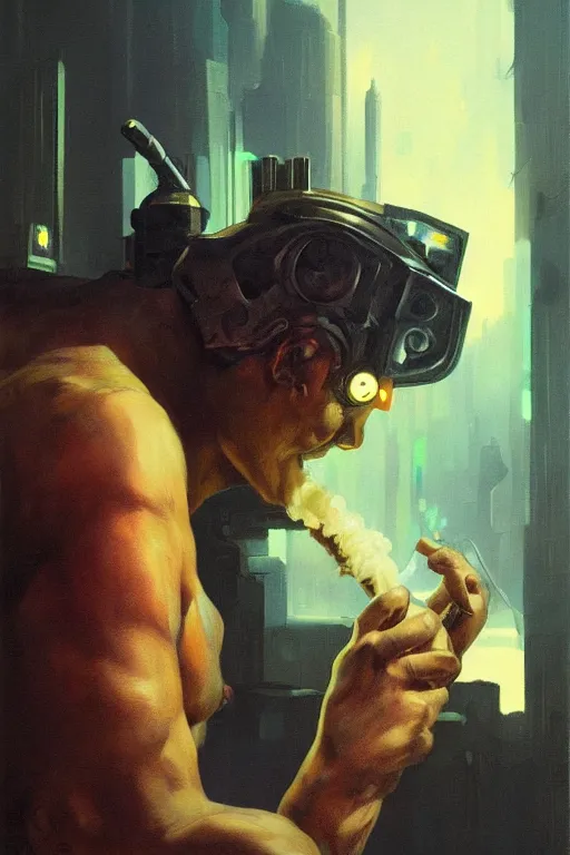 Prompt: An android smoking a cigar in a cyberpunk setting, by Frank Frazetta, Trending on Artstation, highly detailed,