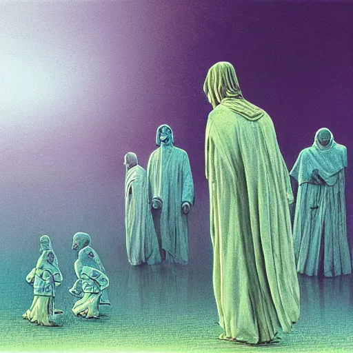 Prompt: broken water priest tending to his flock of smooth flaming glass children, epic scope, cinematic, rule of thirds, hyperrealistic, 8 k, intricate detail, ultra detail, superpop ultrabright, in the style of moebius, in the style of zdzisław beksinski.