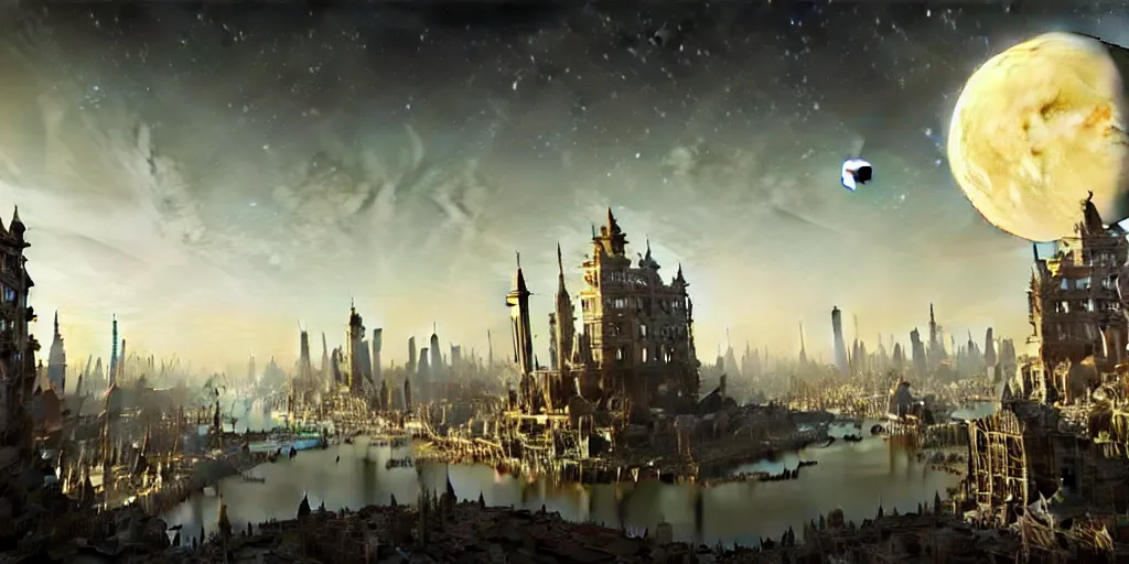 Prompt: planetary city, 2 moons on the horizon of different sizes,, intricate, highly detailed,, photorealistic, digital painting, artstation, illustration, concept art, smooth, sharp focus, by ansel adams and bernardo bellotto, john collier, albert aublet and krenz cushart