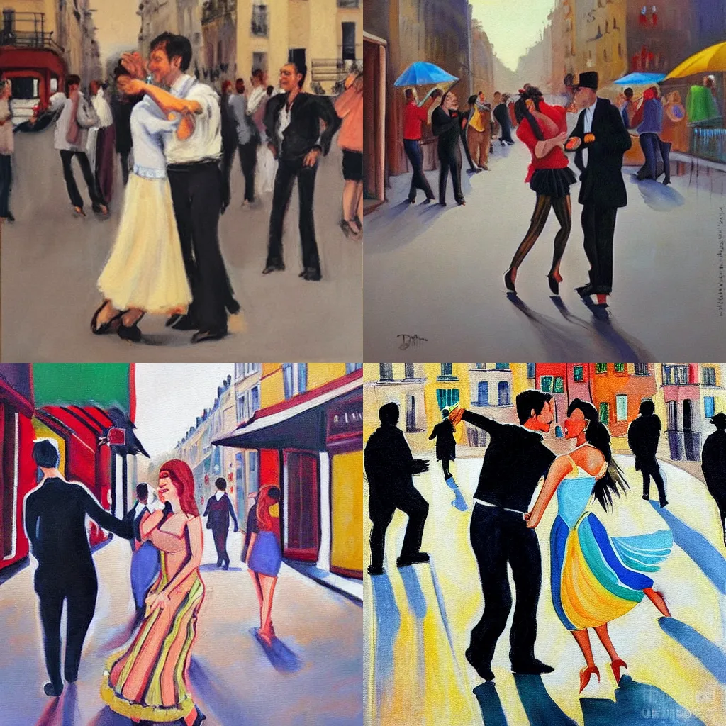 Prompt: painting of a couple dancing in a street in paris