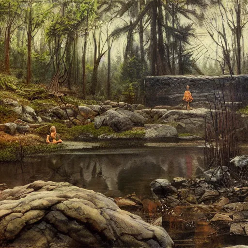 Image similar to Swamp dam in a dark forest with a huge statue of a toad, forest rocks and huge stones, drawn by Viktor Vasnetsov, oil painting, harsh fairy tale, soft style, hyperrealism, beautiful, high resolution, trending on artstation,